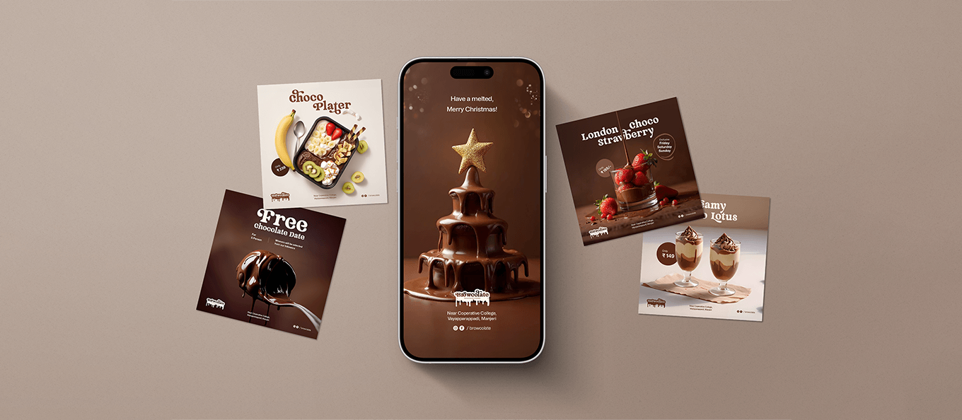Browcolate social media post design — Creative social media engagement strategy showcasing brand presence and digital marketing design by Muhammed Safvan, UI/UX Designer UAE