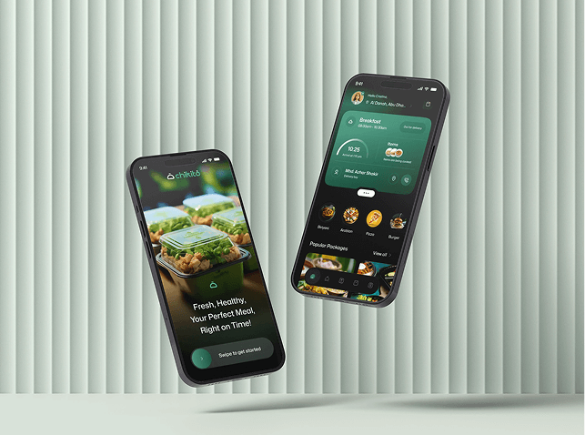 Two floating smartphone screens showing the Chikito meal planning app; left screen displays a meal container with headline Fresh, Healthy, Your Perfect Meal, Right on Time and a green swipe to get started button; right screen shows user avatar, a Breakfast card, meal icons and a Popular Packages list; soft mint vertical striped studio backdrop; overall tone modern, fresh, appetizing and inviting