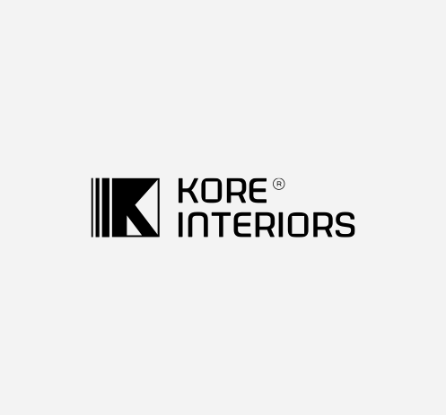 Kore Interiors branding and interior design project showcase featuring minimalist geometric logo with vertical bars and clean typography on light background